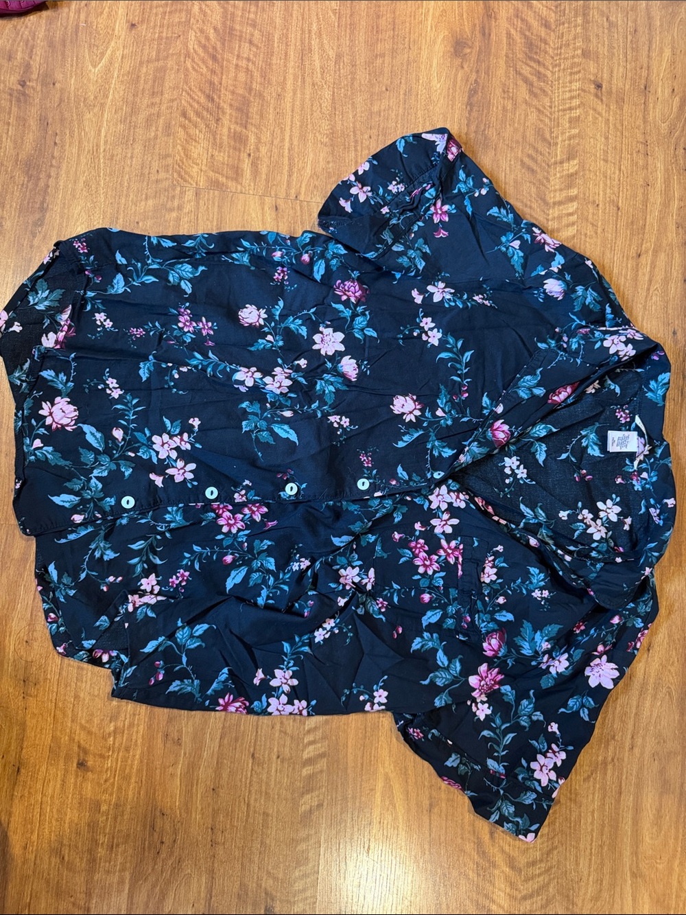Victoria Secret Black Floral Button-Front Top - Pink & Teal Print